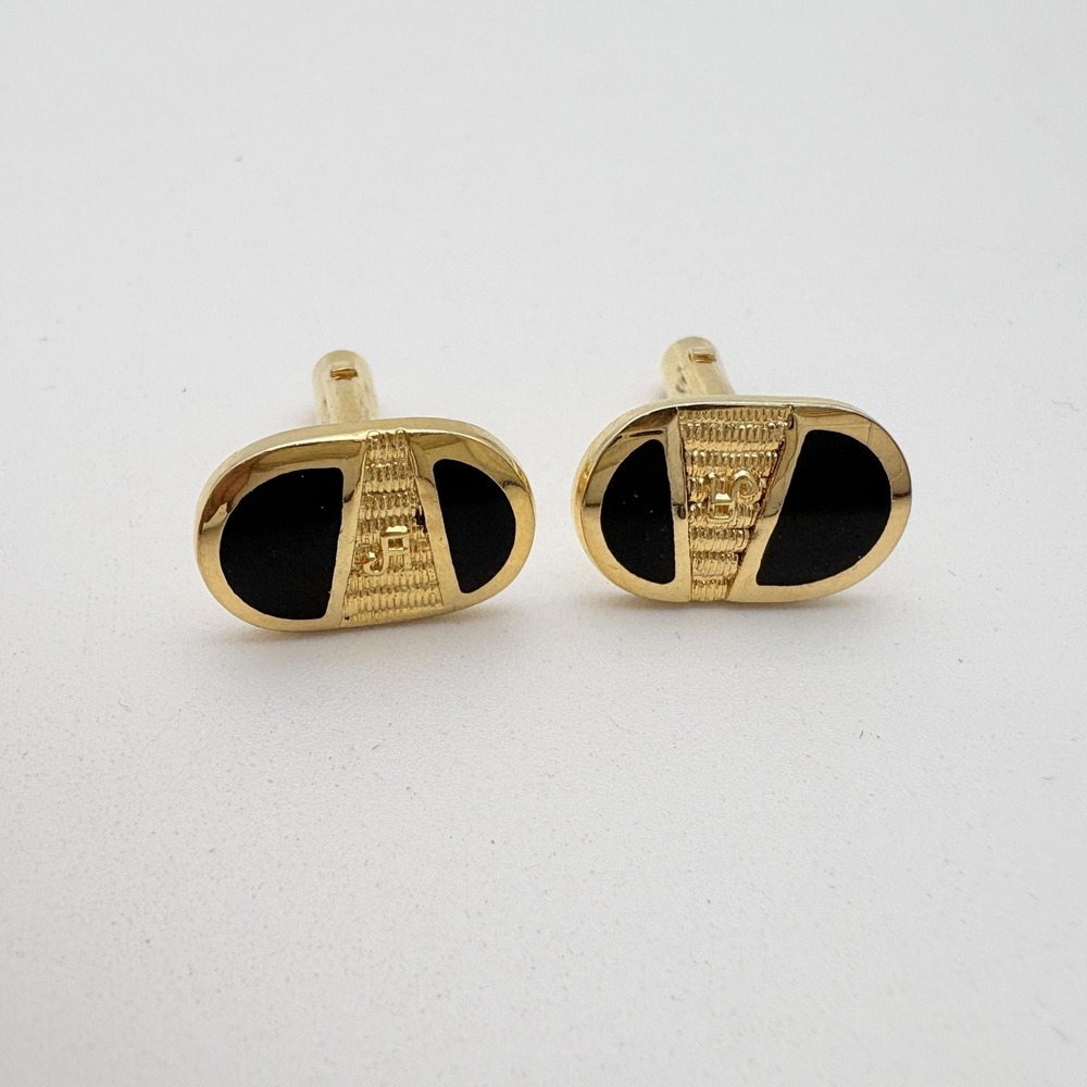Gold Tone Oval Cufflinks Mens Black Enamel Velvet Tuxedo Stud Lot Wedding‎
